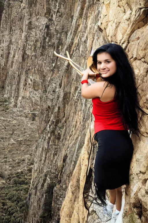 Prompt: Latina girl with long black hair playing drums on the side of a cliff