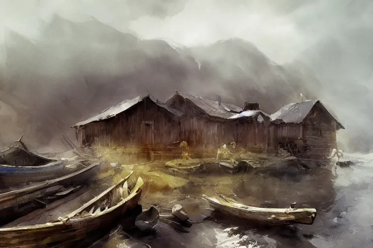 Prompt: paint brush strokes, abstract watercolor painting of rustic village, jetty house, viking age, fog, ambient lighting, art by hans dahl, by jesper ejsing, art by anders zorn, wonderful masterpiece by greg rutkowski, cinematic light, american romanticism by greg manchess, creation by tyler edlin