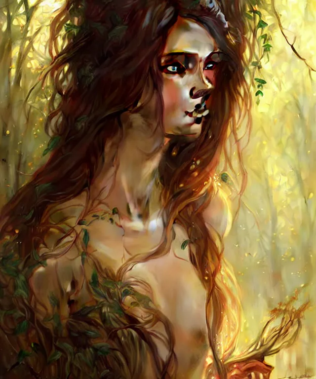 Prompt: Forest nymph woman portrait, amber eyes, face, long hair, fantasy, intricate, elegant, highly detailed, digital painting, artstation, concept art, smooth, sharp focus, illustration, art by artgerm and greg rutkowski and alphonse mucha