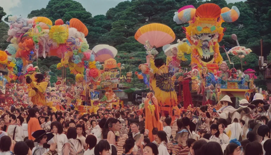 Prompt: movie still by alejandro jodorowsky of a small fun festival in kyoto japan, visible magic energy, costumes, parade floats, cinestill 8 0 0 t eastmancolor technicolor, high quality, very detailed, heavy grain, fine facial features, 8 k, octane render