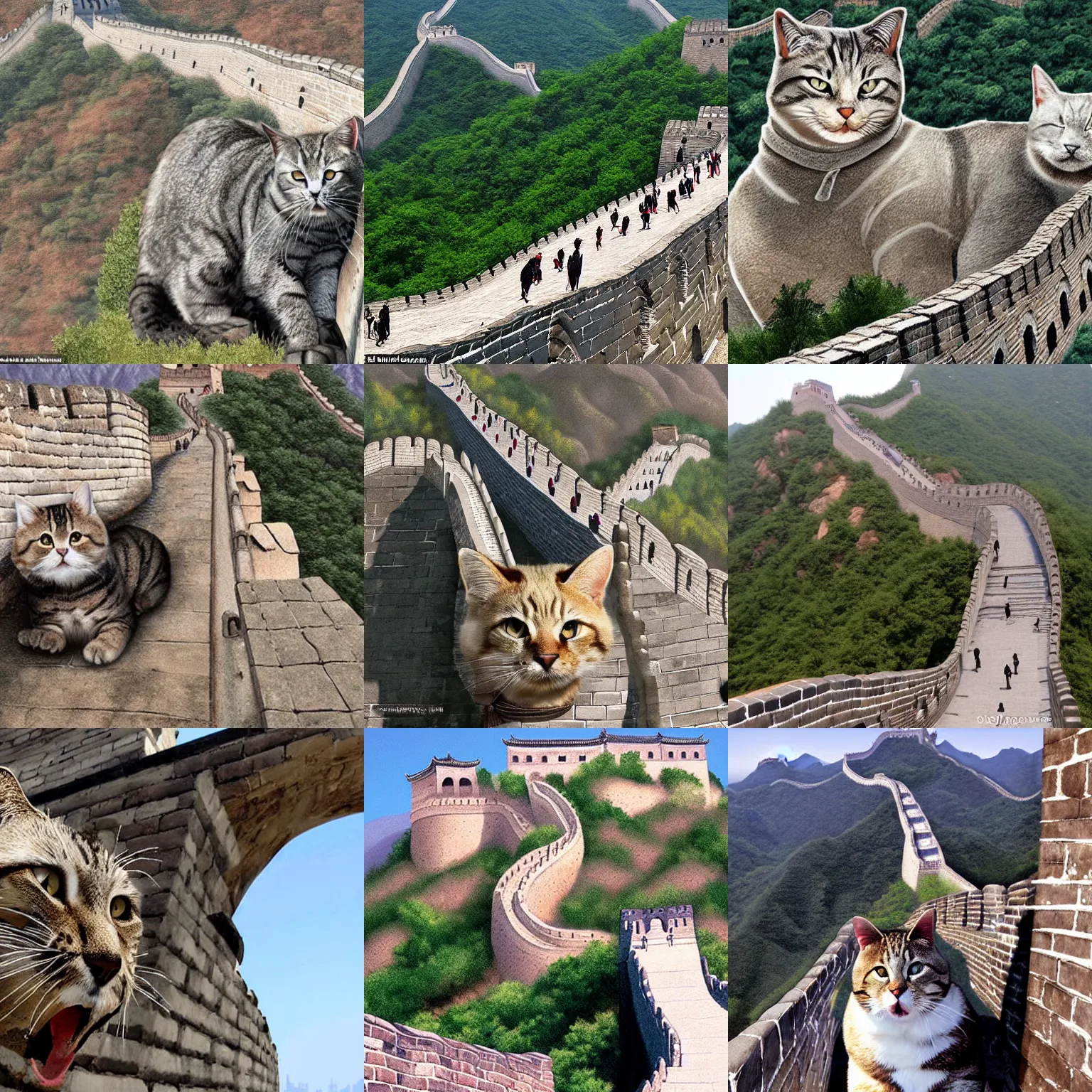 Prompt: Giant cats are taking over the Great Wall of China, photorealistic, highly detailed, midday