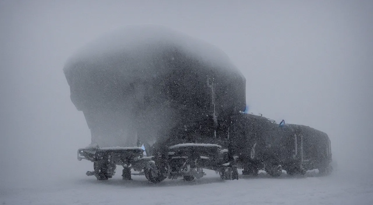 Prompt: “photo of one biomechanical mammoth in an arctic storm with fog and blizzard, the mammoth drags old gigantic coal wagons with snow, it's a sunset photo with cold tones, some people around ”