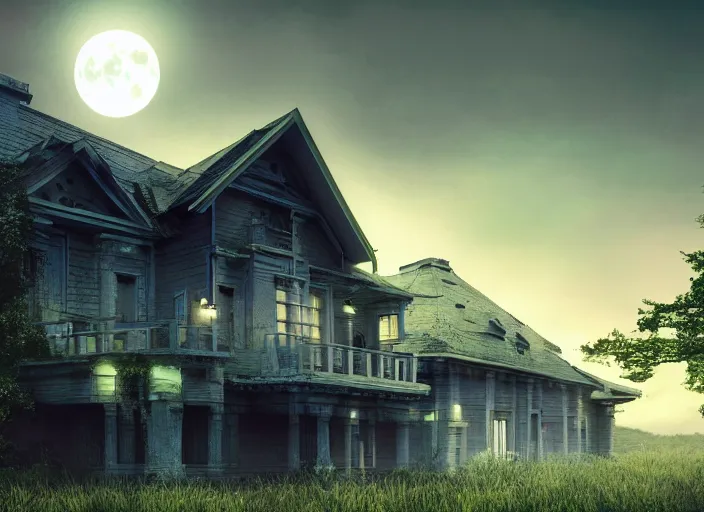 Image similar to realistic alien structured house on a dark land, full moon, ultra detailed, fantasy, hyper realism, art, smooth, beautiful art, masterpiece, landscape, cinematic, wet reflections, ray tracing x, rtx, smooth