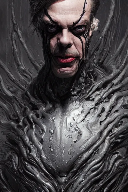 Image similar to Portrait of Steve Buscemi as symbiote Carnage, marvel comics, dark, intricate, highly detailed, smooth, artstation, digital illustration by Ruan Jia and Mandy Jurgens and Artgerm and Wayne Barlowe and Greg Rutkowski and Zdislav Beksinski