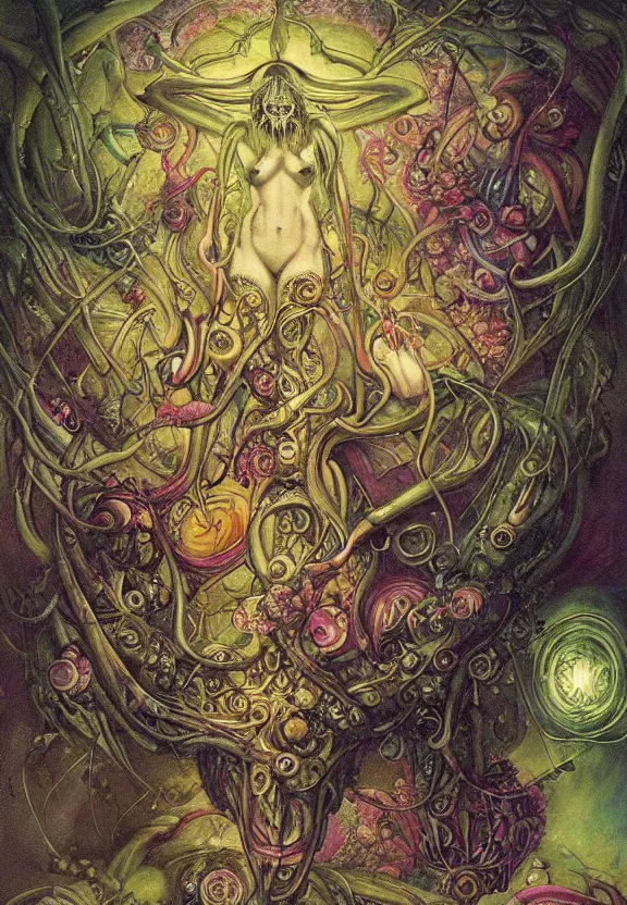 Image similar to simplicity, elegant, colorful glowing muscular cyborg eldritch, flowers, bodies, radiating, mandala, psychedelic, underwater, bubbles, shadows, by h. r. giger and esao andrews and maria sibylla merian eugene delacroix, gustave dore, thomas moran, pop art, giger's biomechanical xenomorph, art nouveau