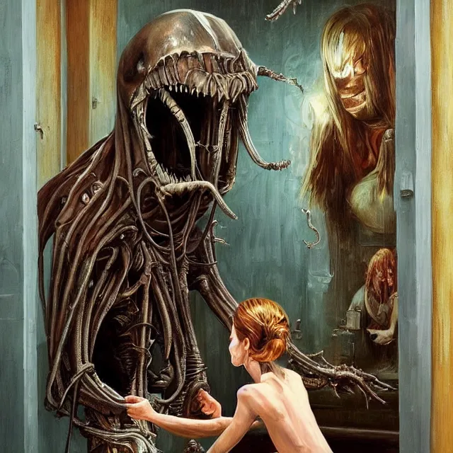 Image similar to a strange creature greeting a female explorer in a dining room, haunted house, masterpiece, detailed human face, rhads!!!, magical realism, urban fantasy, a hooded figure, a fierce woman, ( h. r. giger )