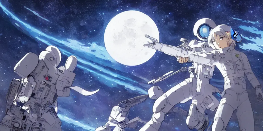 Image similar to war between a planet and it's moon, protection shield, art by makoto shinkai and alan bean, yukito kishiro