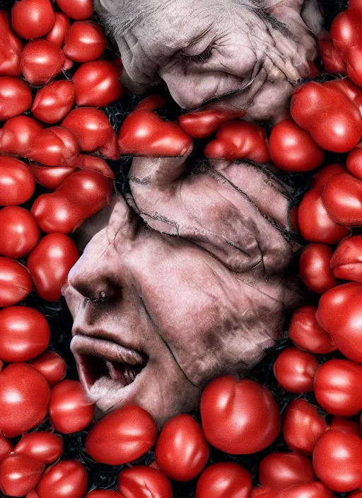 Image similar to a hyper realistic ultra realistic photograph of a man transmogrified into crumpled tomato, top secret, highly detailed, 8k photo