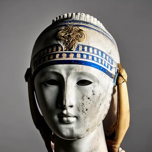 Prompt: a beautiful medium shot of a beautiful model looking of into the distance, wearing an antique athenian warrior helmet with facemask on her head, wearing an ancien greek white tunic with bleu patterns, beautiful natural backlit light failing on her face, golden hour, by annie leibowitz