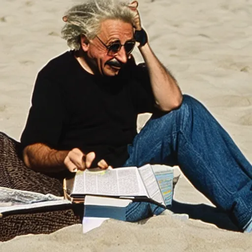 Image similar to einstein wearing black aviators and reading relativity is a dumb approach on beach