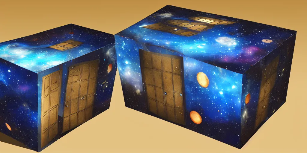 Image similar to box is bigger on the inside. background outer space. detailed. photorealistic