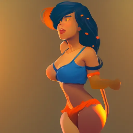 Image similar to upper body illustration of a beautiful latin girl, brown skin, orange hair, small waist, she wears a pretty miniskirt, mattepainting concept blizzard pixar maya engine on stylized background splash comics global illumination lighting artstation, sharp focus, lois van baarle, ilya kuvshinov, rossdraws