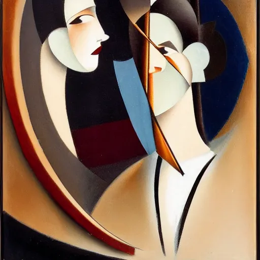 Image similar to by tamara de lempicka, by guy carleton wiggins lines. a beautiful kinetic sculpture of a person in profile, with their features appearing both in front of & behind their head.