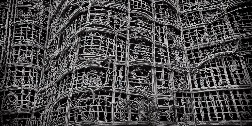 Prompt: elevational photograph of a modern building by Louis Sullivan and H.R. Giger covered in black ironwork vines, Sigma 75mm, ornate, very detailed, hyperrealistic, liminalspaces, Symmetrical composition, centered, intricate, Extreme Long Shot, Dynamic Range, HDR, chromatic aberration, Orton effect, 8k