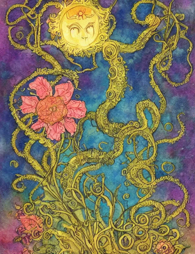Prompt: lovecraftian god of light and flowers. this watercolor and goldleaf work by the beloved children's book illustrator has interesting color contrasts, plenty of details and impeccable lighting.