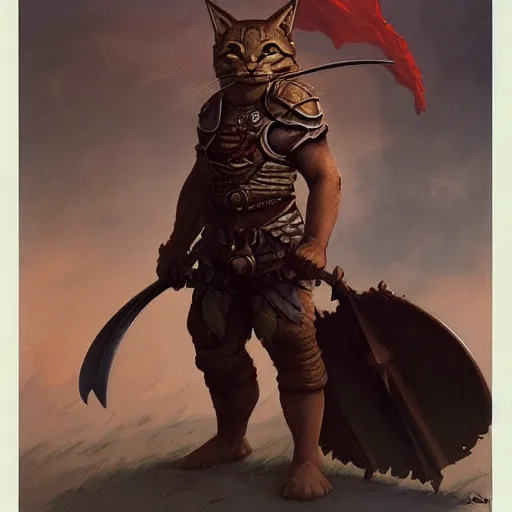 Image similar to ( ( ( full length portrait of tabby tabaxi warrior, halberd poleaxe ) ) ), d & d, tyler jacobson, greg rutkowski, frank frazetta, alexandre chaudret, boris vallejo, michael whelan, miro petrov, magali villeneuve, donato giancola