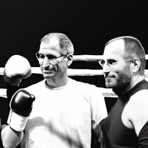 Prompt: steve jobs punching bill gates in a boxing ring