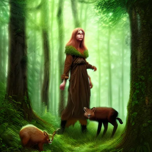 Prompt: a female woodland druid surrounded by forest animals, in the woods, hyper realistic, digital painting, photorealistic, in the style of greg rutkowski, detailed