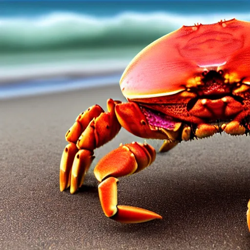 Image similar to a realistic image of a crab with hair, ultra high detail, the crab is on sand on a beach with ocean in the background, 8 k.