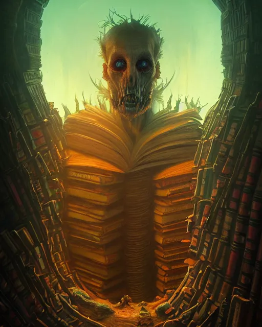 Image similar to highly detailed surreal vfx portrait of a creepy monster in a catacomb of books, stephen bliss, unreal engine, greg rutkowski, loish, rhads, beeple, makoto shinkai and lois van baarle, ilya kuvshinov, rossdraws, tom bagshaw, alphonse mucha, global illumination, detailed and intricate environment