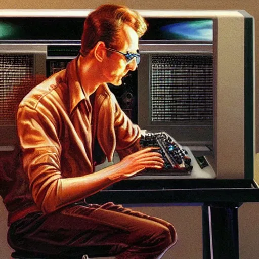 Image similar to man sitting in front of retro 80s computer smoking a cigarette, camera behind, art by Donato Giancola and James Gurney, digital art, trending on artstation