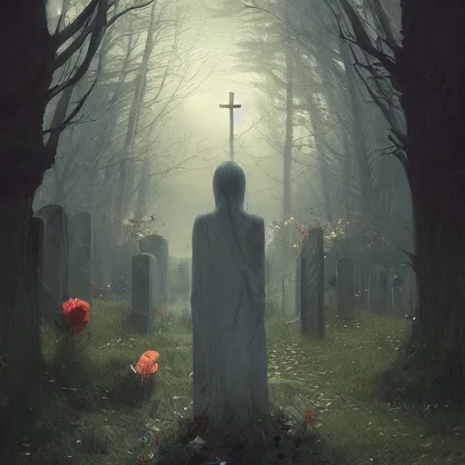 Image similar to The last spirit living in the cemetery, flowers, illustrated by Greg Rutkowski and Caspar David Friedrich. Trending on artstation, artstationHD