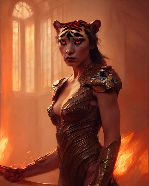 Image similar to daniel gerhartz and wlop and tom baghshaw, detailed portrait, digital painting of a beautiful half - tiger half - woman, evil mood, throne room in the background, embers flying, unreal engine, hyper realism, realistic shading, cinematic composition, blender render, octane render, ultrawide shot