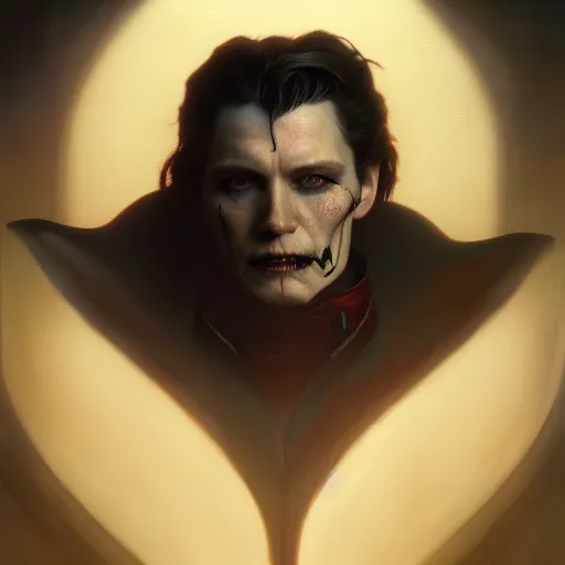 Image similar to portrait painting of joseph quinn eddie munson as a vampire, ultra realistic, concept art, intricate details, eerie, highly detailed, photorealistic, octane render, 8 k, unreal engine. art by artgerm and greg rutkowski and charlie bowater and magali villeneuve and alphonse mucha