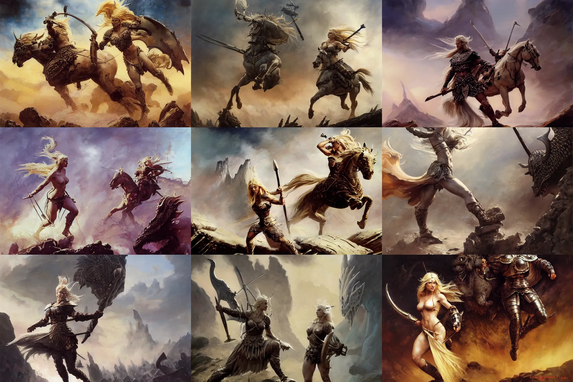 Prompt: An oil painting of a beautiful blonde viking woman running into battle, ancient armor, aesthetic, by Frank Frazetta, Greg Rutkowski, Boris Vallejo, Neal Hanson, Christian MacNevin, epic fantasy character art, goddess of war, goddess of anger, high fantasy, Exquisite detail, post-processing, low angle, masterpiece, cinematic, colossal dragon in background
