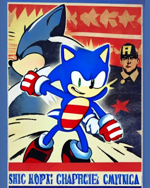 Prompt: sonic the hedgehog with captain america's shield promoting the war against capitalism propaganda poster, communist propaganda
