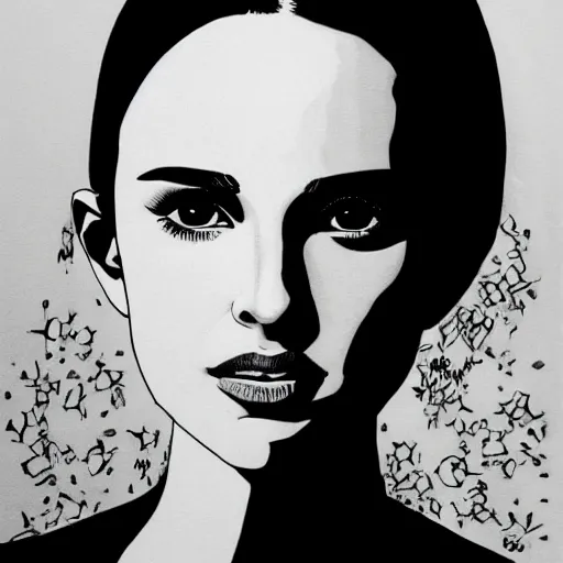 Prompt: a black and white ink-Manga portrait of Natalie Portman