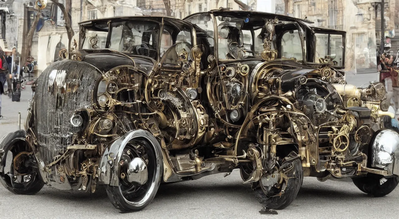 Image similar to a steampunk car with mirror windows