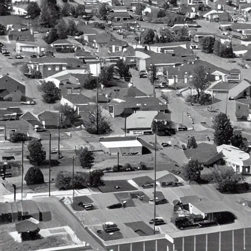 Prompt: townscape of an average American suburb, 1980s, photograph