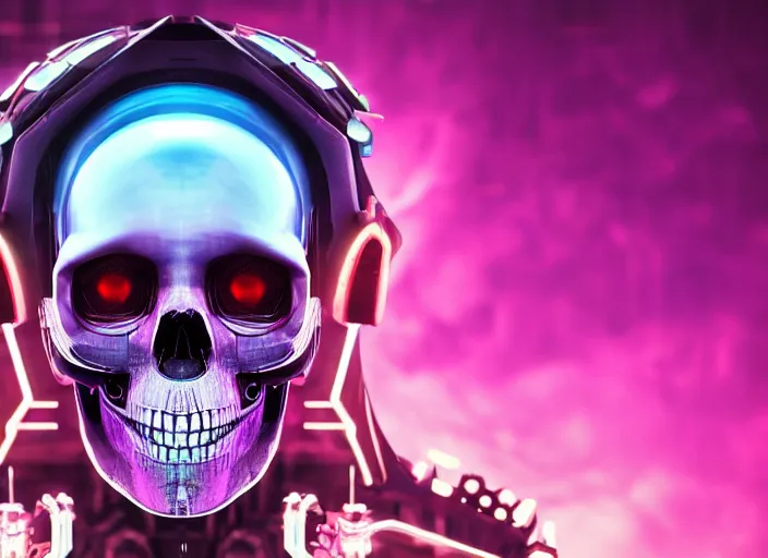 Image similar to a futuristic skull with glowing eyes and a purple background, cyberpunk art by android jones, behance contest winner, computer art, darksynth vaporwave, rendered in cinema 4 d