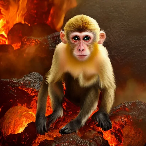 Image similar to pretty blond steampunk monkey surrounded by lava, 8 k, shallow depth of field, 8 k, ultra high detail, concept art,