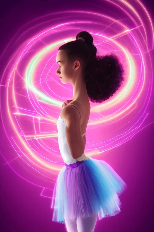 Image similar to a award winning half body portrait of a beautiful ballerina in a crop top and tutu with ombre purple pink teal hairstyle and hands in pockets by ari liloan, surrounded by whirling illuminated lines, outrun, vaporware, shaded flat illustration, digital art, trending on artstation, highly detailed, fine detail, intricate