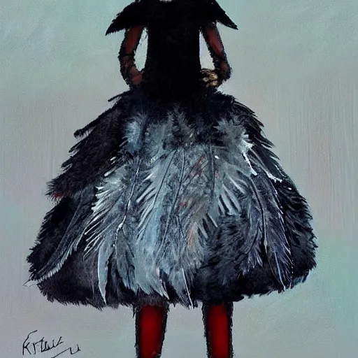 Image similar to little girl wearing an dress made of black feathers, art by ilya kushinov