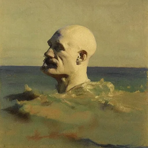 Image similar to turbulent, peaceful by frank weston benson, by abbott handerson thayer. a beautiful illustration of a giant head. the head is bald & has a big nose. the eyes are wide open & have a crazy look. the mouth is open & has sharp teeth. the neck is long & thin.