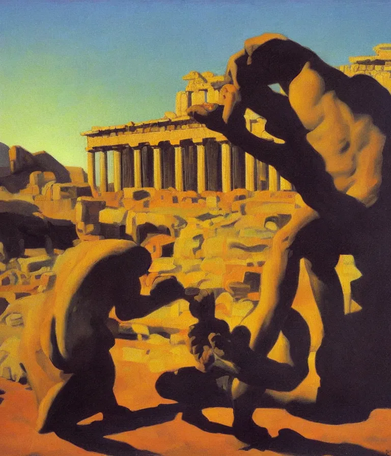 Prompt: Lush Painting of Sampson Crushing the Parthenon with his fists, oil painting by Edward Hopper sunset lighting