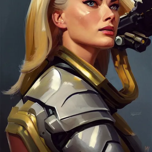 Image similar to greg manchess portrait painting of fully armored and armed margot robbie as overwatch character, close - up shot, asymmetrical, profile picture, organic painting, sunny day, matte painting, bold shapes, hard edges, street art, trending on artstation, by huang guangjian and gil elvgren and sachin teng