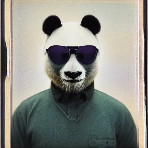 Image similar to grainy head to shoulder portrait polaroid film photograph of a panda in a mall wearing aviator shades. super resolution. surreal. extremely detailed. polaroid 6 0 0 film. by annie leibovitz and richard avedon