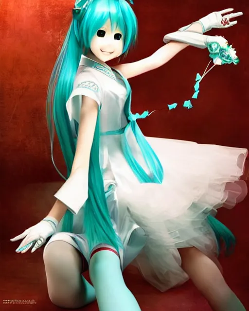 Prompt: Hatsune Miku in wedding outfit by Ruan Jia and Gil Elvgren, fullbody, posing, trending