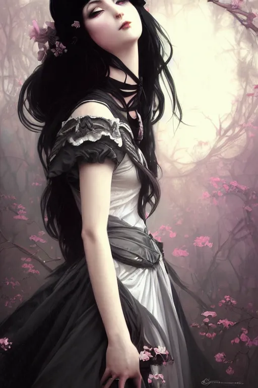 Image similar to portrait of radical lolita girl, dreamy and ethereal, dark eyes, peaceful expression, ornate goth dress, dark fantasy, chaotic, elegant, black crows flying, highly detailed, digital painting, artstation, concept art, smooth, sharp focus, illustration, art by artgerm and greg rutkowski and alphonse mucha