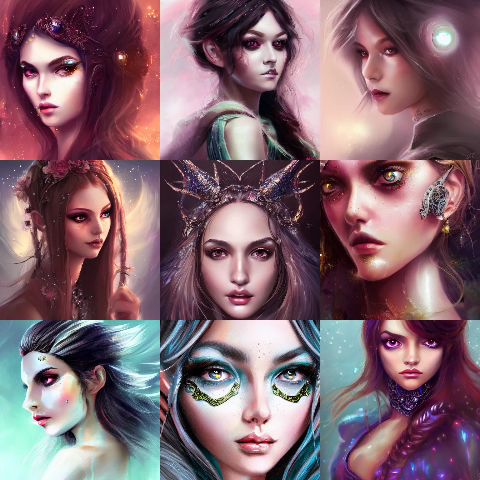 Prompt: fantasy magic fashion girl portrait, sci-fi, glossy eyes, face, long hair, fantasy, intricate, elegant, highly detailed, digital painting, artstation, concept art, smooth, sharp focus, illustration