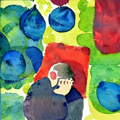 Image similar to watercolor and collage by eric carle, of a man thinking about fruit, peaceful mood, movie poster