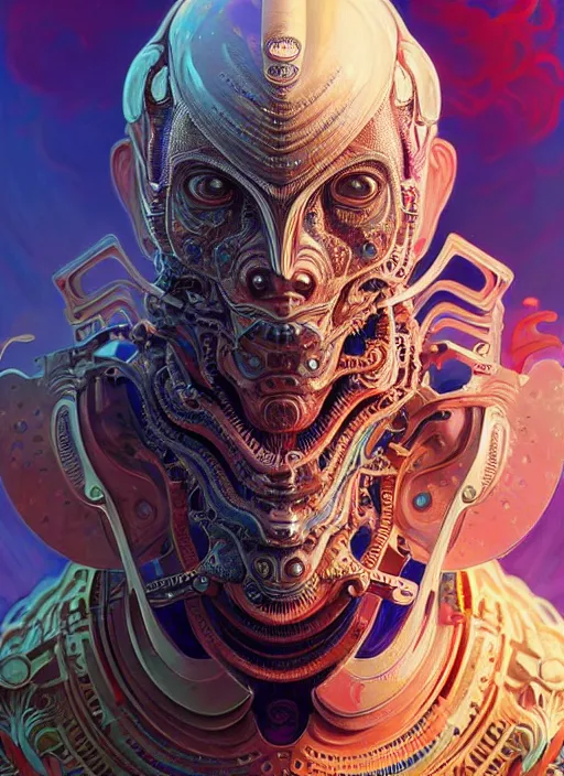 Image similar to hyper detailed ultra sharp of a ancient biomechanical warrior trance man. trending on artstation, warpaint aesthetic, earthwave, colorful, psychedelic, ornate, intricate, digital painting, concept art, smooth, sharp focus, illustration, art by artgerm and greg rutkowski and alphonse mucha, 8 k