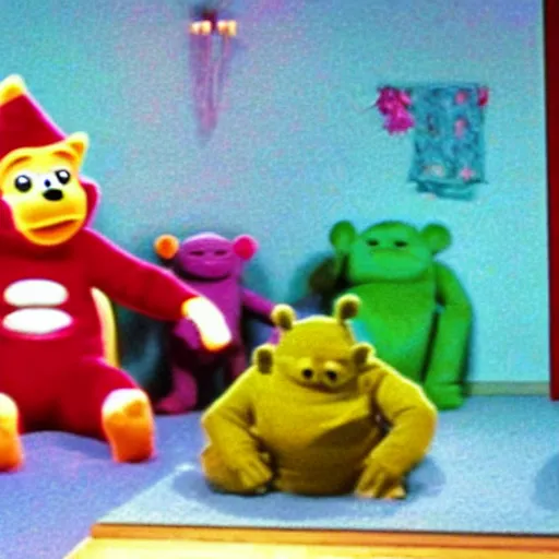 Image similar to teletubby with scary movie on his tv