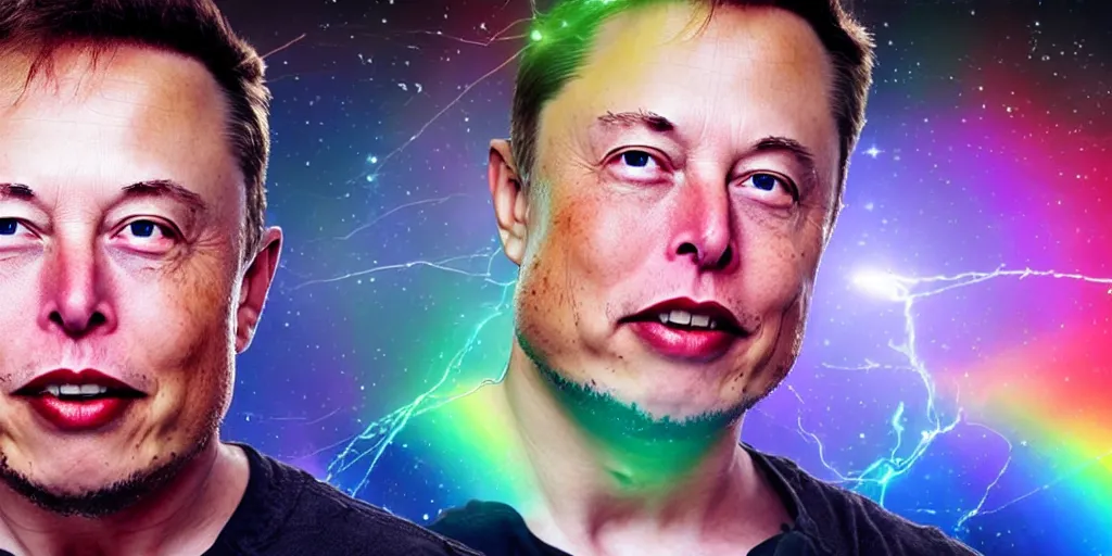 Image similar to elon musk with the face of waya steurbaut hero combination rainbow glowing suite high resolution film render 100k, photo realistic, epic, colourful close up shot