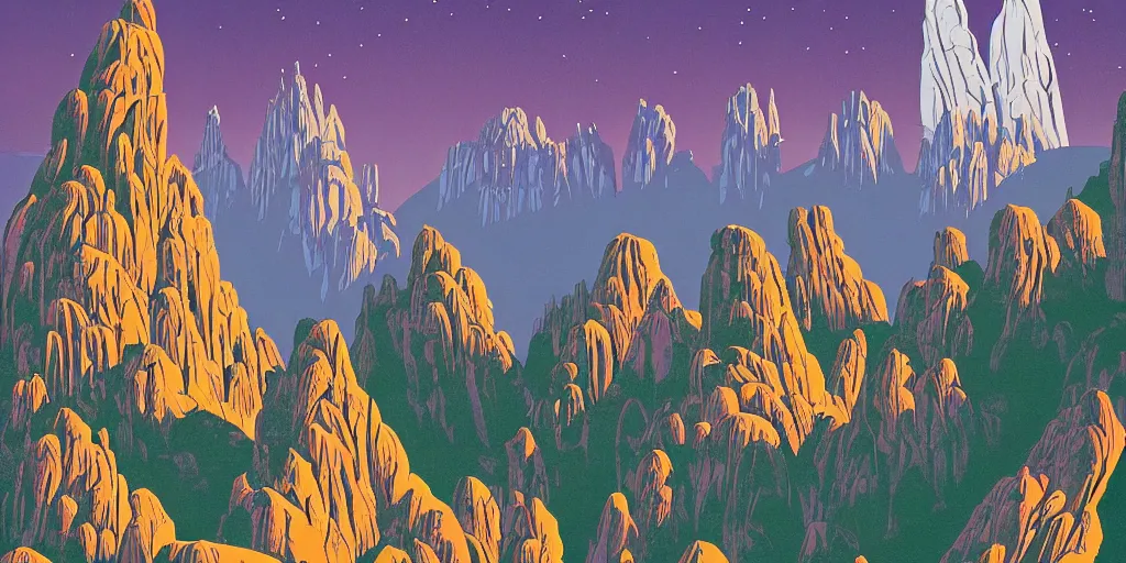 Prompt: poster illustration of craggy icy valley with spires of rock national park by eyvind earle