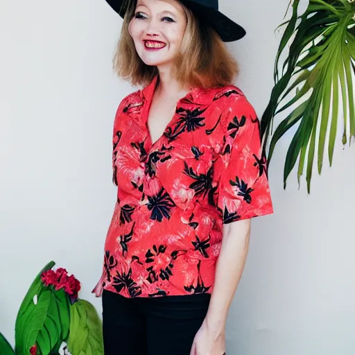 Prompt: blonde woman wearing a red aloha shirt with black flowers